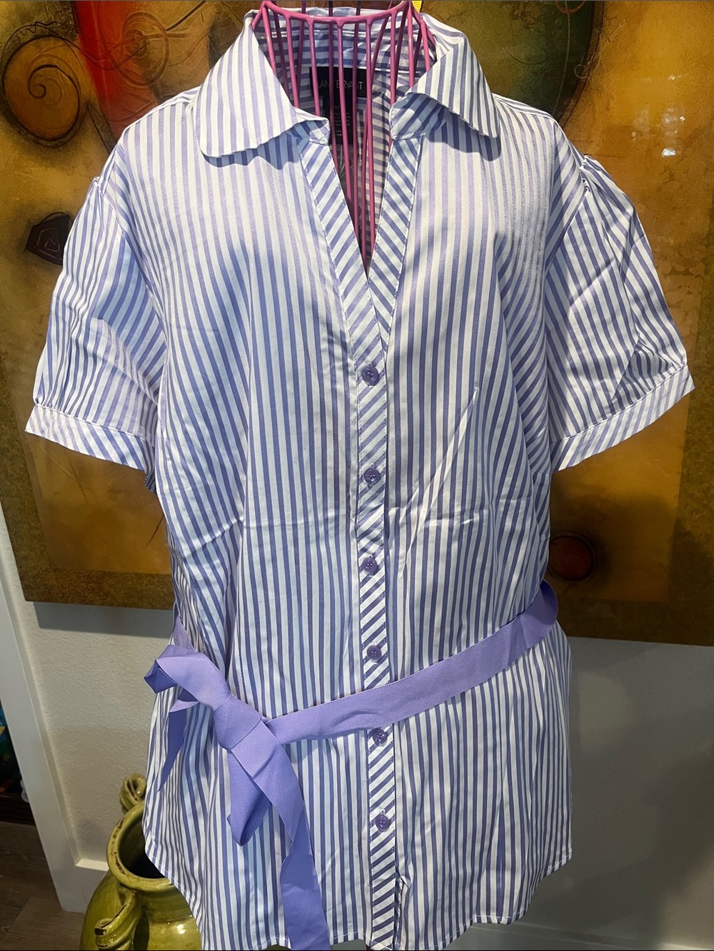 Lane Bryant  Purple and White Striped Button-Front Shirt with Lilac Accents